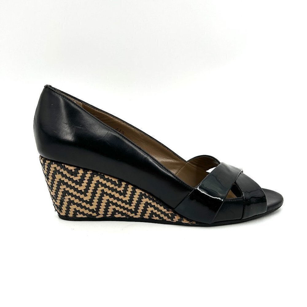 ANYI LU Handmade In Italy Black Leather Peep Toe Chevron Wedge Heels Size 9.5